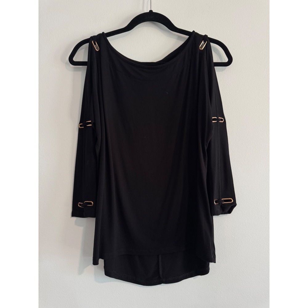 Cable & Gauge Cold Shoulder Top Women S Black Gold Hardware Link Sleeve